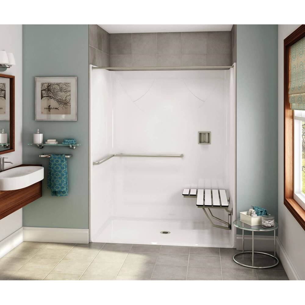 Aker OPS-6036-RS AcrylX Alcove Center Drain One-Piece Shower in Sterling Silver - ADA Grab Bar and Seat
