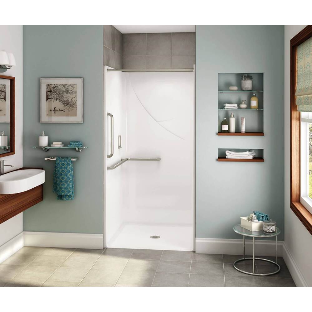 Aker OPS-3636-RS AcrylX Alcove Center Drain One-Piece Shower in Sterling Silver - L-shaped and Vertical Grab Bar