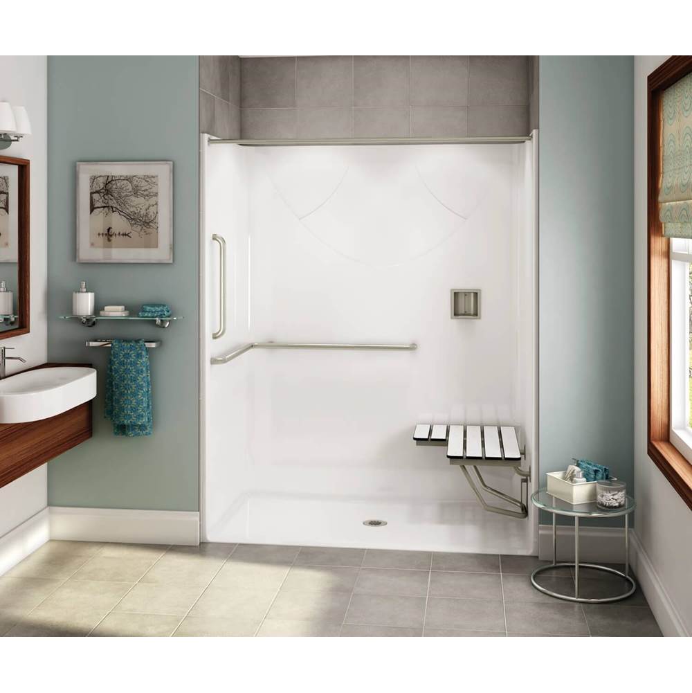 Aker OPS-6030 AcrylX Alcove Center Drain One-Piece Shower in Sterling Silver - ANSI Grab Bar and seat