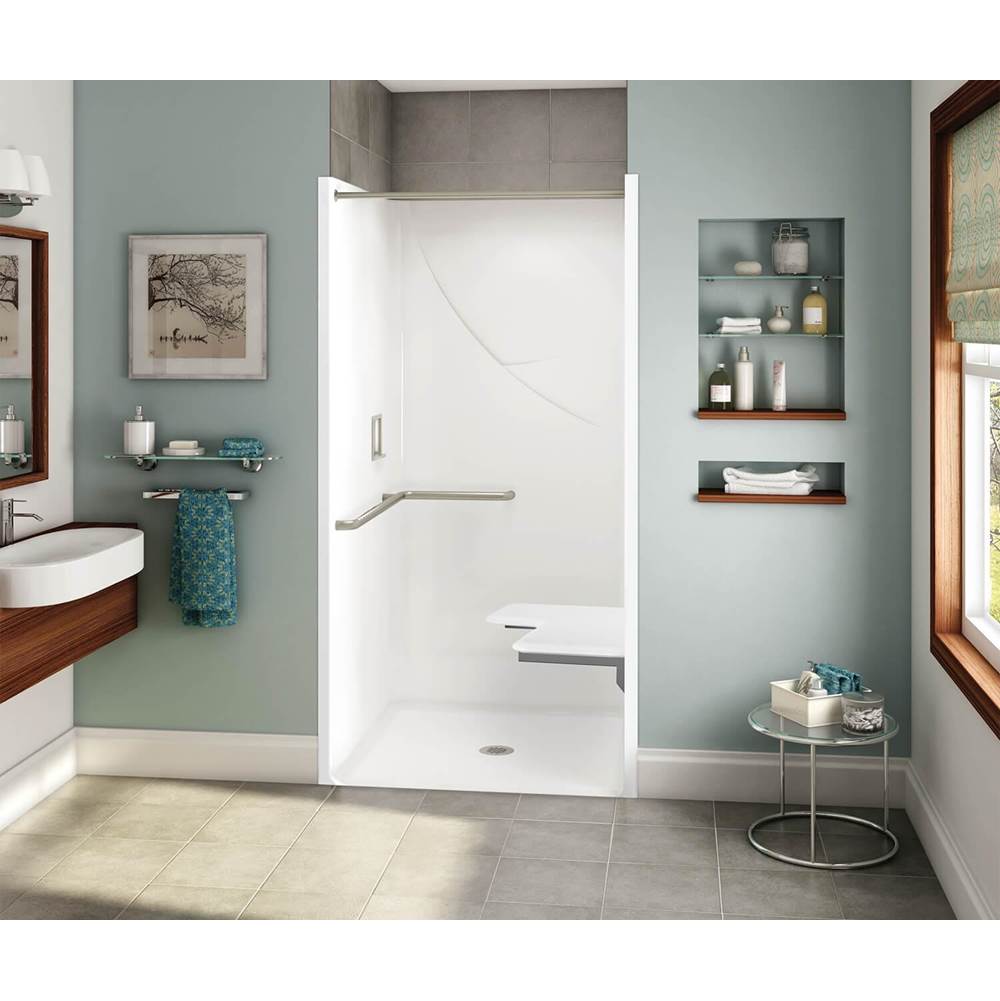 Aker OPS-3636 RRF AcrylX Alcove Center Drain One-Piece Shower in Thunder Grey - ADA Grab Bar and Seat