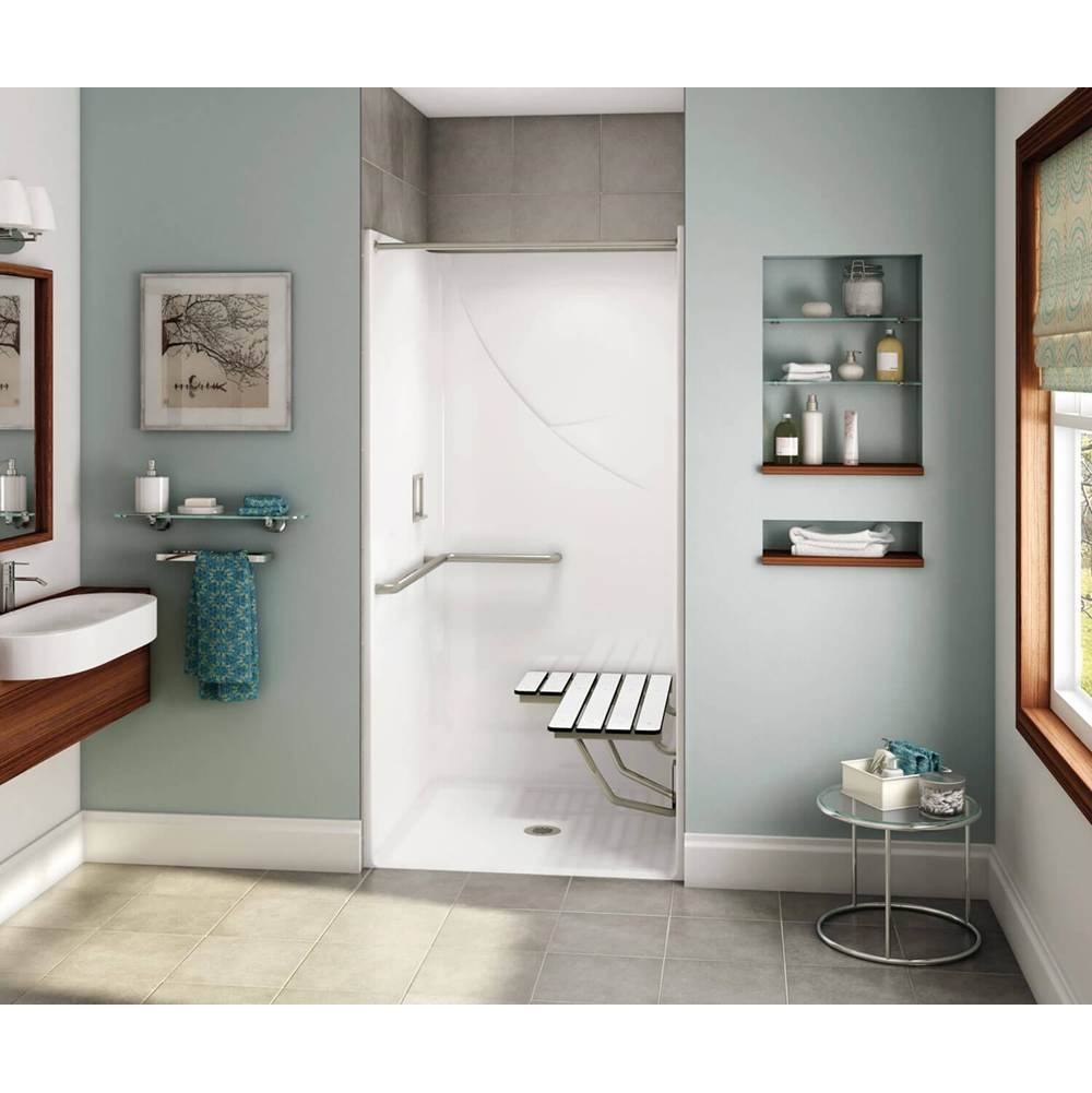 Aker OPS-3636 AcrylX Alcove Center Drain One-Piece Shower in Sterling Silver - L-shaped Grab Bar and Seat