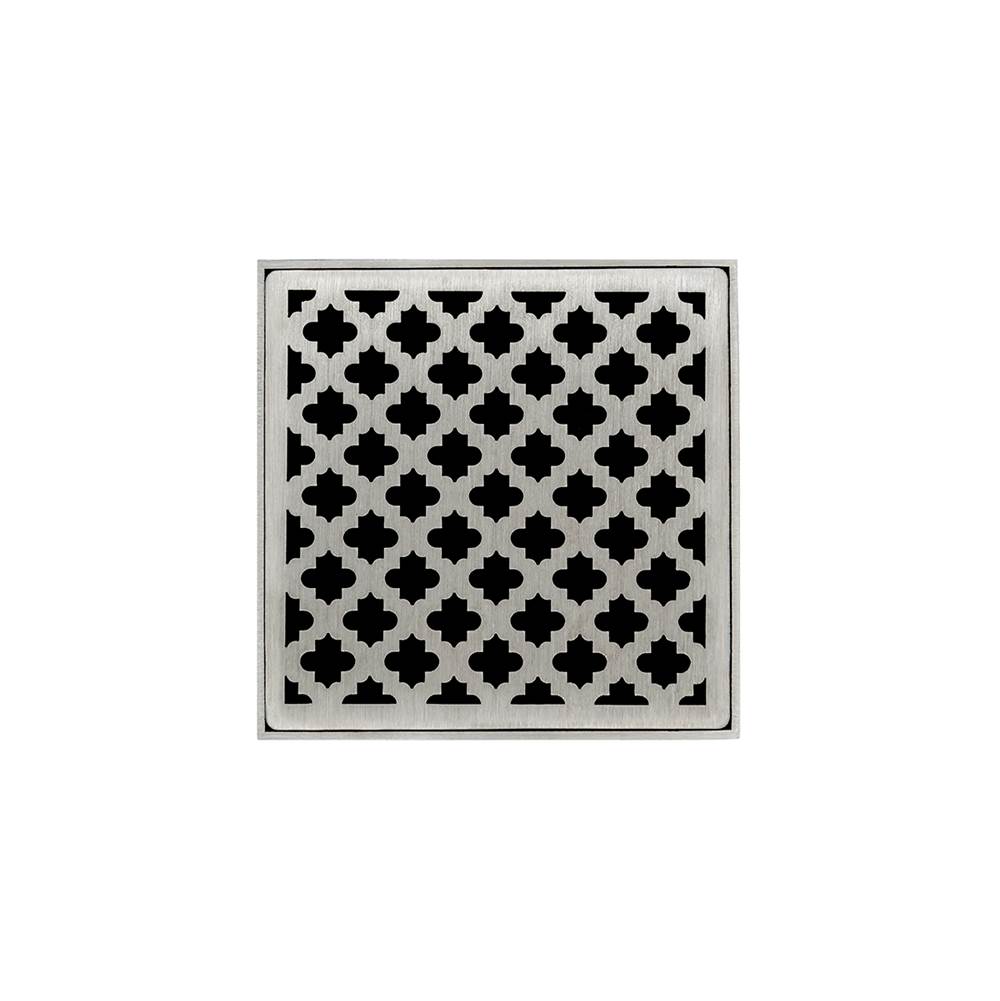 Infinity Drain 5'' x 5'' MD 5 Complete Kit with Moor Pattern Decorative Plate in Satin Stainless with ABS Drain Body, 2'' Outlet