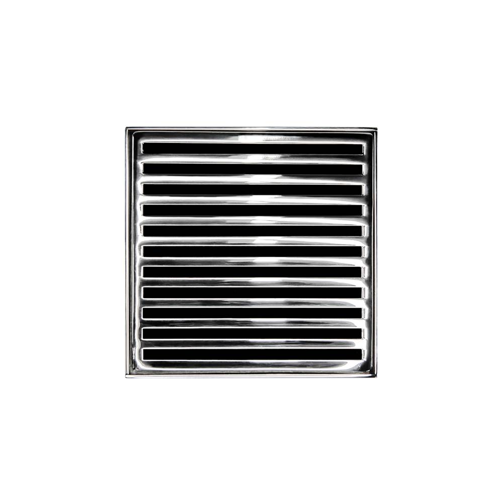 Infinity Drain 5'' x 5'' ND 5 High Flow Complete Kit with Lines Pattern Decorative Plate in Polished Stainless with Cast Iron Drain Body, 3'' No-Hub Outlet