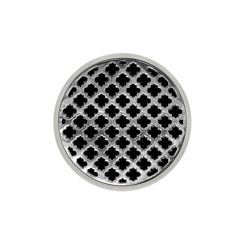Infinity Drain 5'' Round RMD 5 Complete Kit with Moor Pattern Decorative Plate in Polished Stainless with Cast Iron Drain Body for Hot Mop, 2'' Outlet