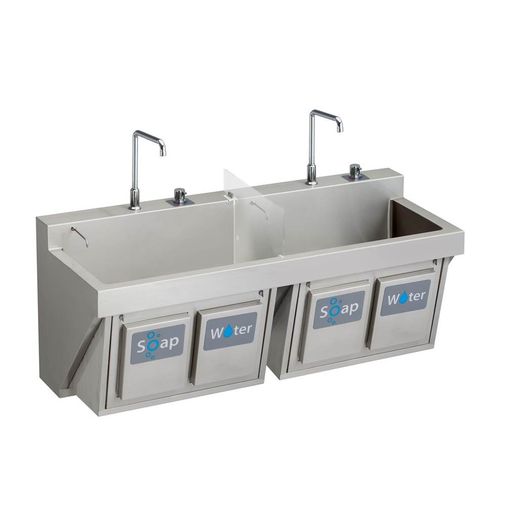 Just Manufacturing Stainless Steel 60'' x 23'' x 26'' Wall Hung Double Station Surgeon Scrub Sink Kit w/2 Spouts and 2 TMV and Drain