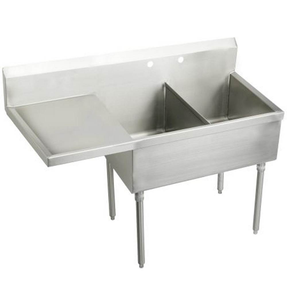 Just Manufacturing Stainless Steel 61-1/2'' x 27-1/2'' x 14'' Floor Mount Double 2-Hole Scullery Sink w/L Drainboard Coved Corners