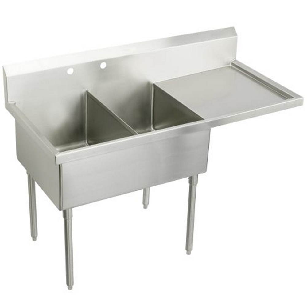 Just Manufacturing Stainless Steel 73-1/2'' x 27-1/2'' x 14'' Floor Mount Double 2-Hole Scullery Sink w/R Drainboard Coved Corners