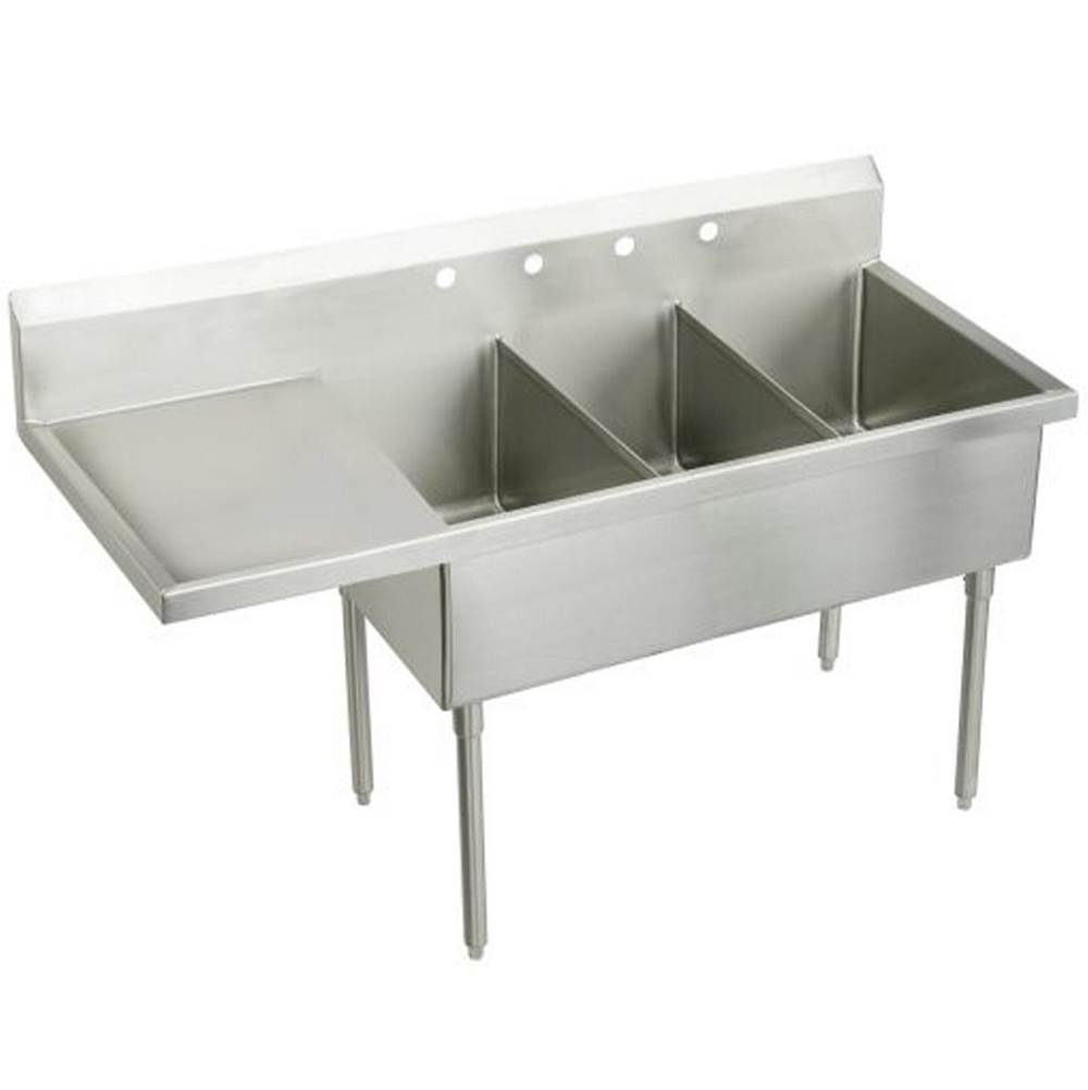 Just Manufacturing Stainless Steel 70-1/2'' x 27-1/2'' x 14'' Floor Mount Triple -Hole Scullery Sink w/L Drainboard Coved Corners