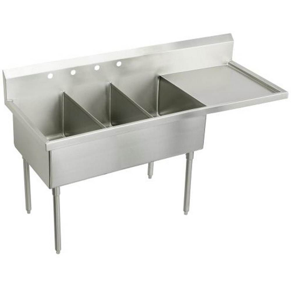 Just Manufacturing Stainless Steel 79-1/2'' x 27-1/2'' x 14'' Floor Mount Triple 4-Hole Scullery Sink w/R Drainboard Coved Corners