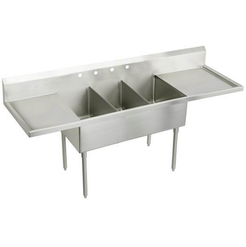 Just Manufacturing Stainless Steel 108'' x 27-1/2'' x 14'' Floor Mount Triple 2-Hole Scullery Sink w/LandR Drainboards and Coved Corners