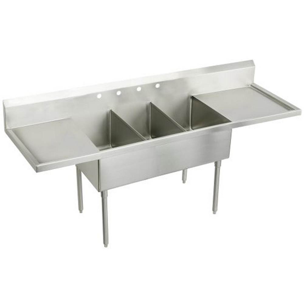 Just Manufacturing Stainless Steel 120'' x 27-1/2'' x 14'' Floor Mount Triple 4-Hole Scullery Sink w/LandR Drainboards Coved Corners