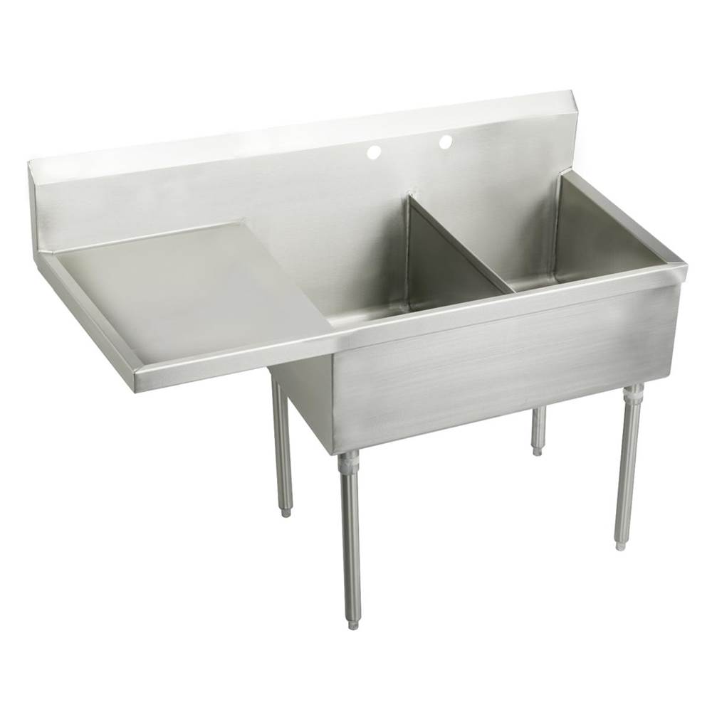 Just Manufacturing Stainless Steel 55-1/2'' x 27-1/2'' x 14'' Floor Mount Double Compartment 2-Hole Scullery Sink w/Left Drainboard