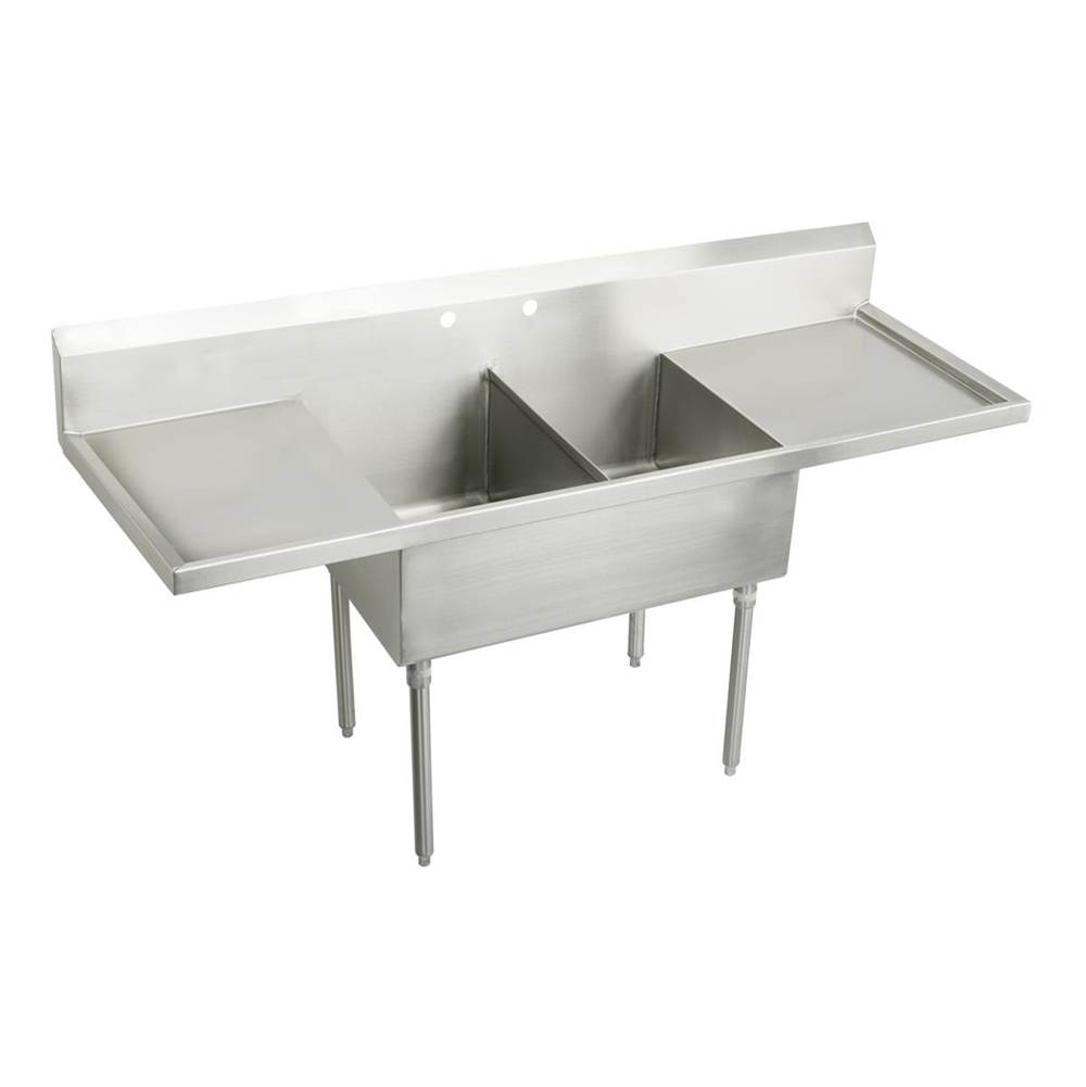Just Manufacturing Stainless Steel 84'' x 27-1/2'' x 14'' Floor Mount Double Compartment 4-Hole Scullery Sink w/LandR Drainboards