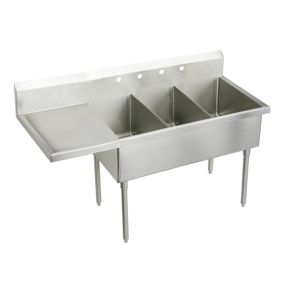 Just Manufacturing Stainless Steel 97-1/2'' x 27-1/2'' x 14'' Floor Mount Triple Compartment 4-Hole Scullery Sink w/Drainboard