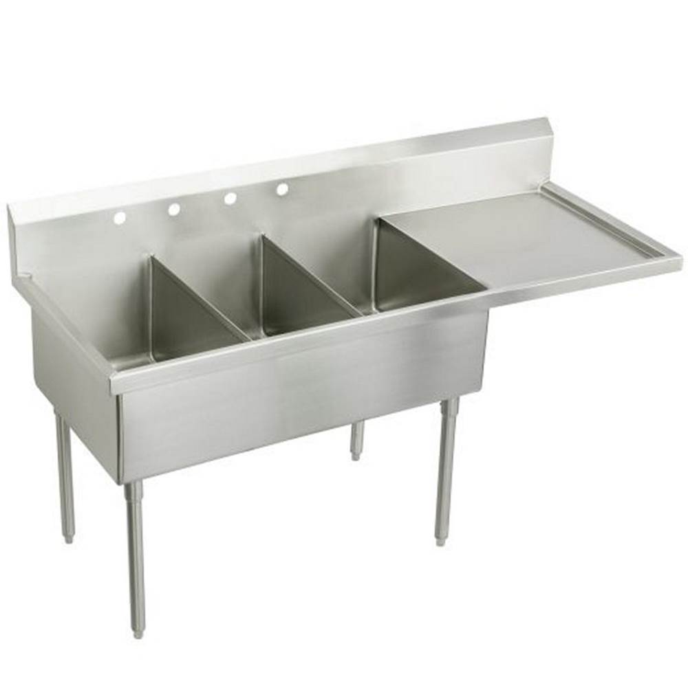 Just Manufacturing Stainless Steel 97-1/2'' x 27-1/2'' x 14'' Floor Mount Triple Compartment 6-Hole Scullery Sink w/Drainboard