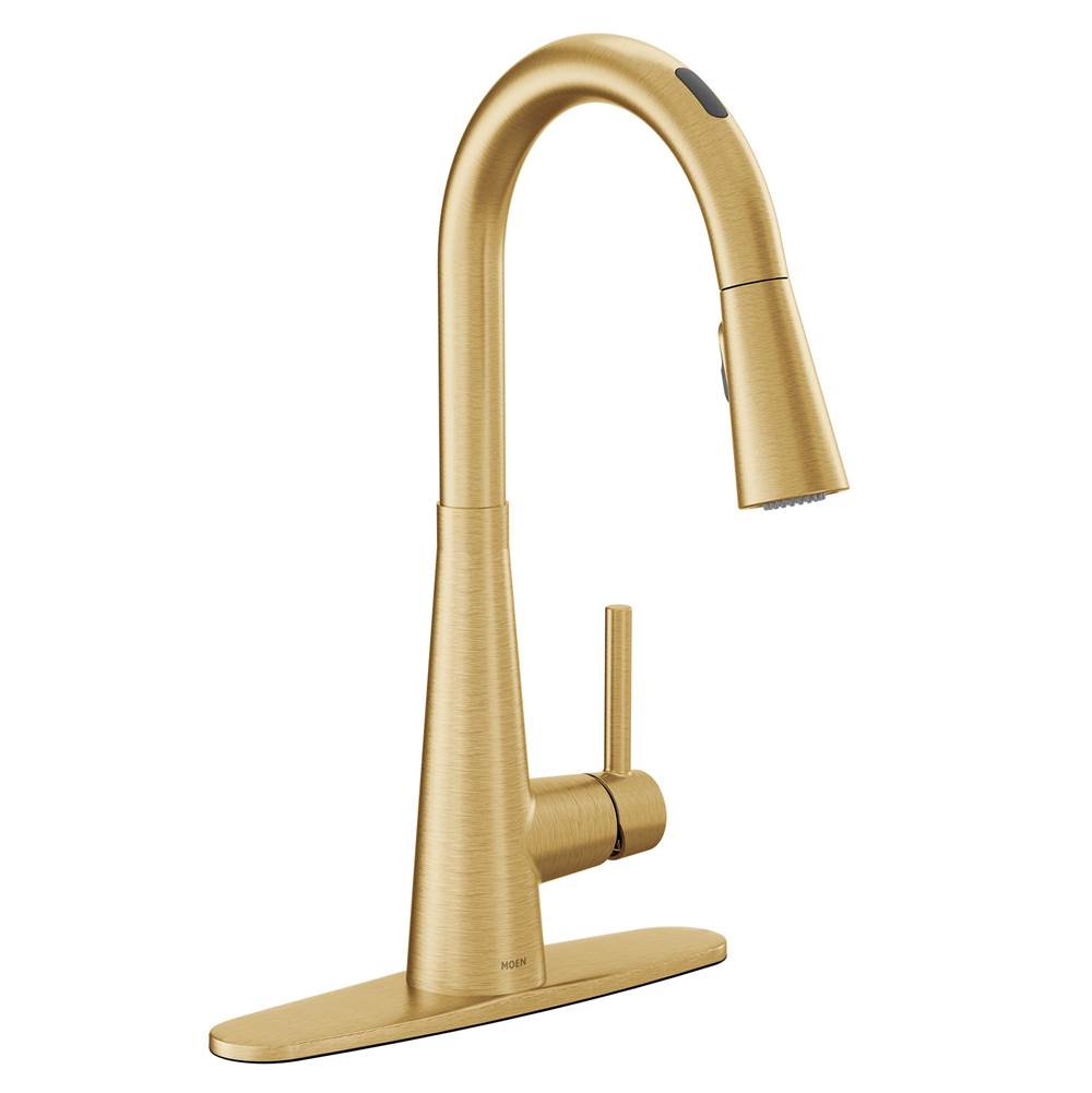 Moen Sleek Smart Faucet Touchless Pull Down Sprayer Kitchen Faucet with Voice Control and Power Boost, Brushed Gold