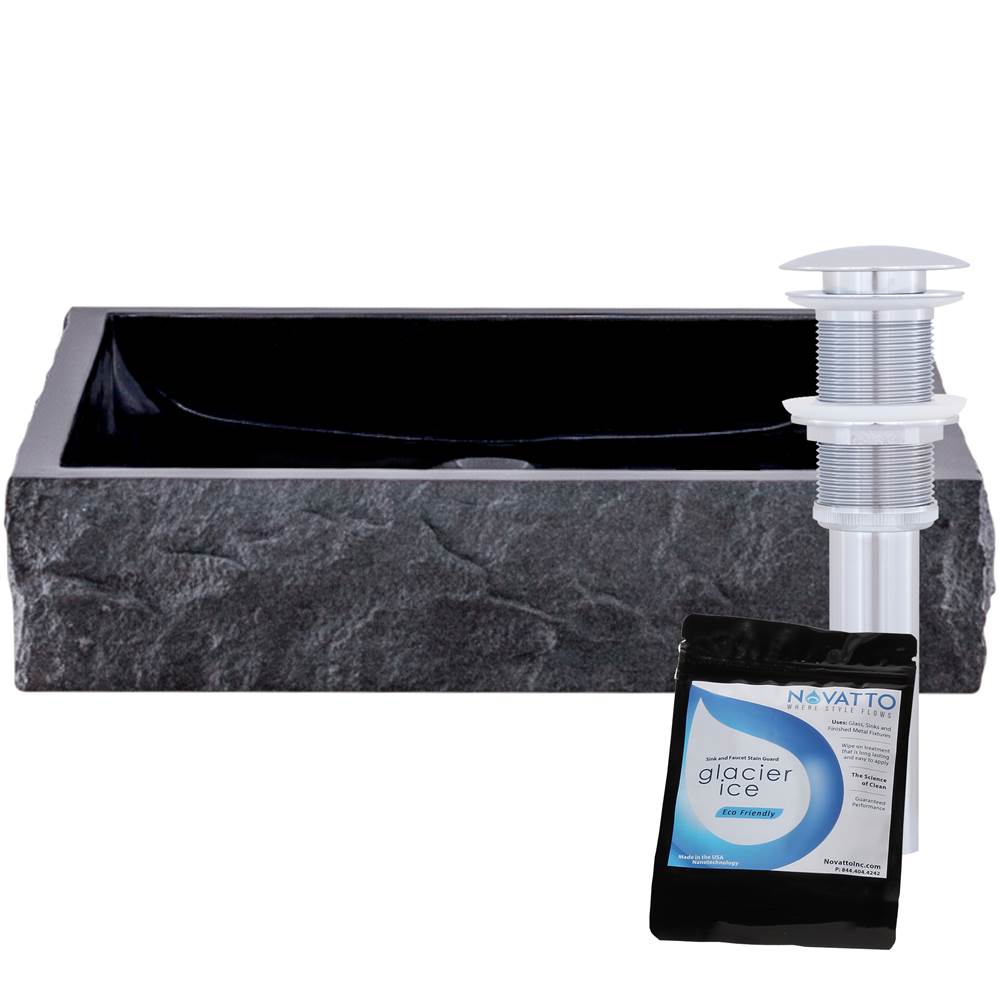 Novatto Novatto Square Black Granite Vessel Sink with Chiseled Exterior and Chrome Drain