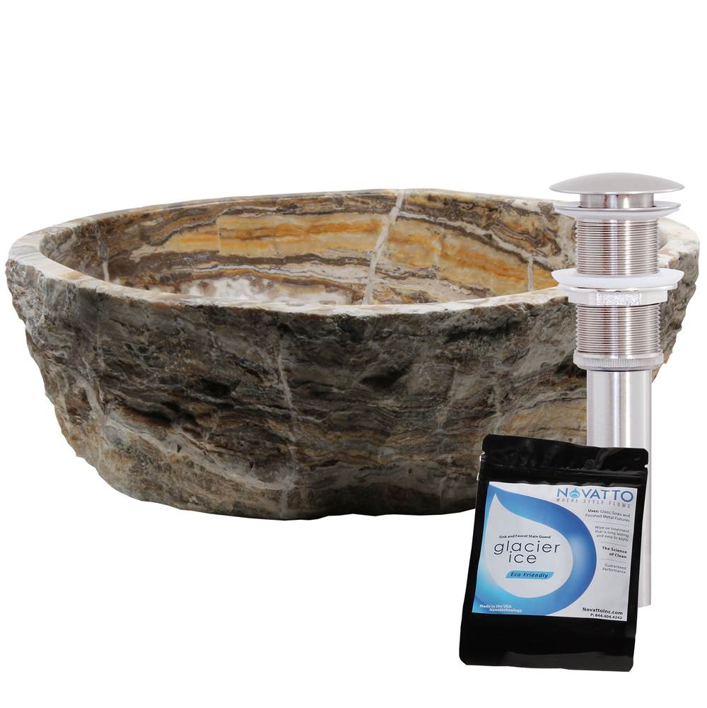 Novatto Travertine Onyx Natural Stone Vessel Sink, Brushed Nickel Drain and Sealer