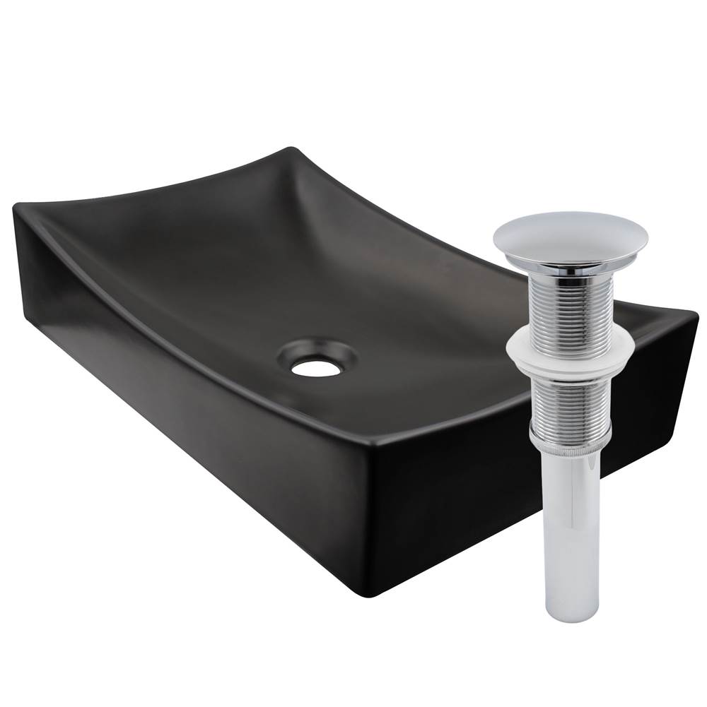 Novatto Modern Matte Black Porcelain Vessel Sink Set with Chrome Drain and Sealer