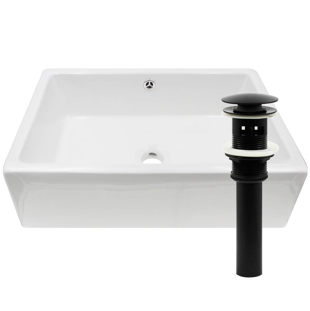 Novatto Rectangular White Porcelain Sink Set with Matte Black Drain and Sealer