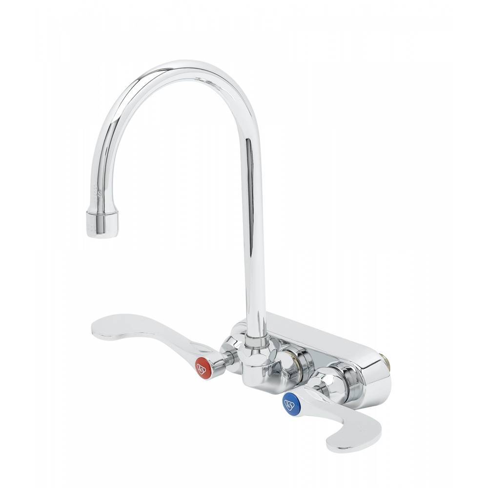 T&S Brass 4'' Backsplash Workboard Faucet, Ceramas, 4'' Handles, Swivel Gooseneck, 1.5 GPM Aerator