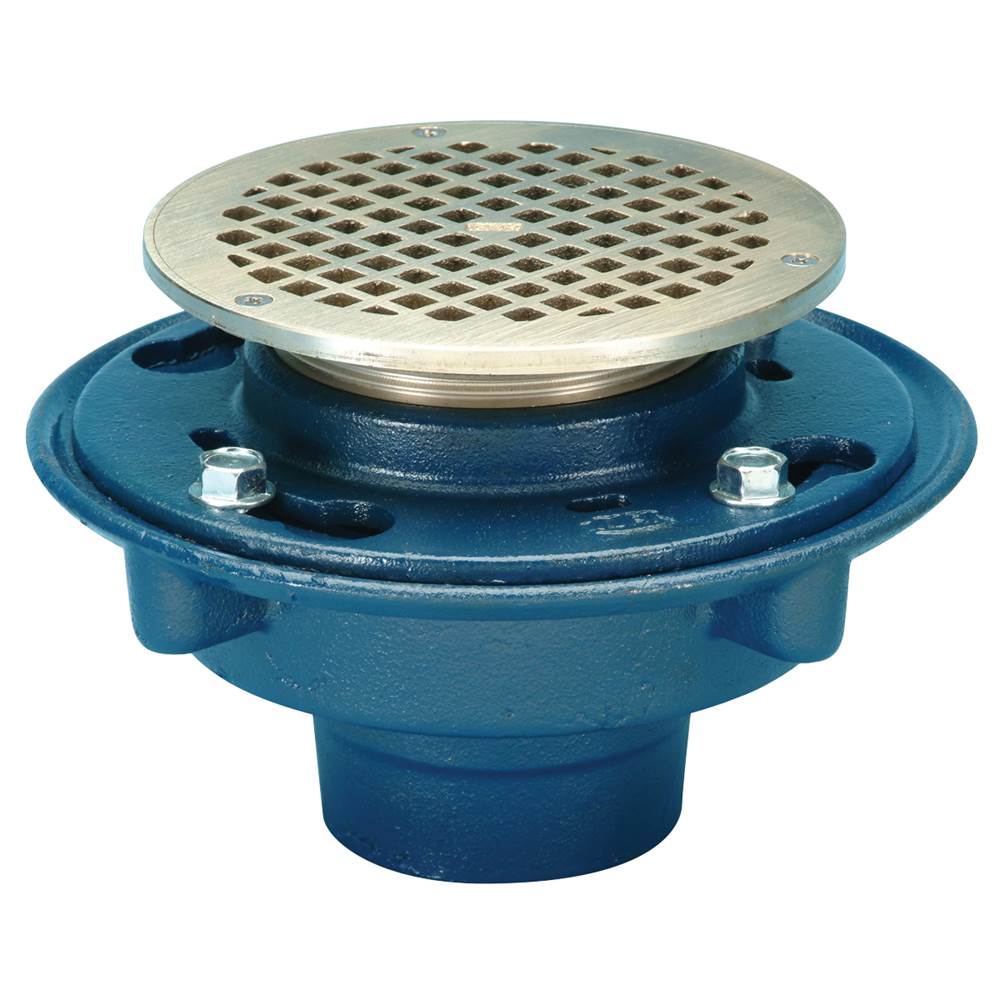 Zurn Industries ZN415 Cast Iron Floor Drain w/ 6'' Round Adj Pol Nickel Strainer w/ Heel Proof Sq Opening Grate and 4'' NH Outlet
